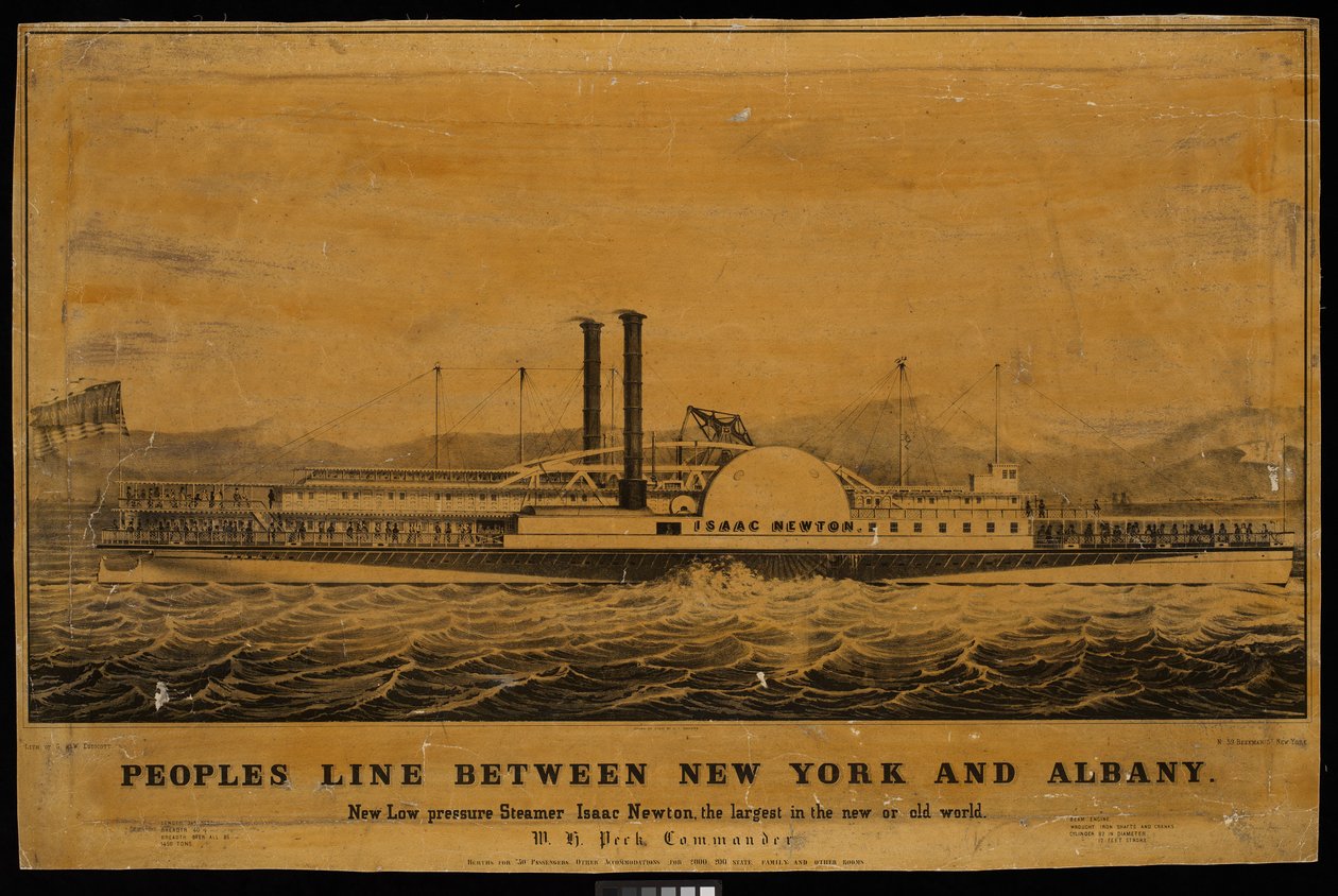 Peoples Line mellan New York och Albany. Nya lågtrycksångaren Isaac Newton, den största i den nya eller gamla världen (litografi) av George T. (after) Sanford