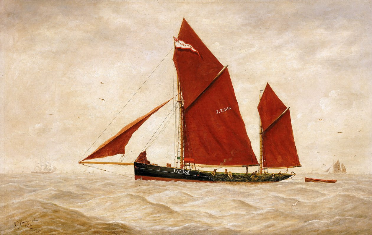 En fisketrålare från Lowestoft Company med sina karakteristiska röda segel. Olja på duk av George Vempley Burwood