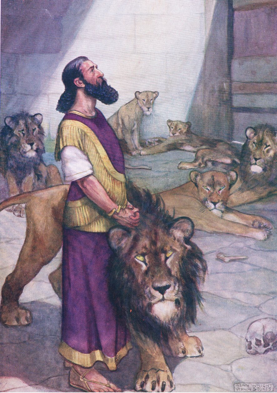 Daniel i lejongropen, från The Bible Picture Book utgiven av Thomas Nelson, ca 1950 (litografi) av George Vernon Stokes