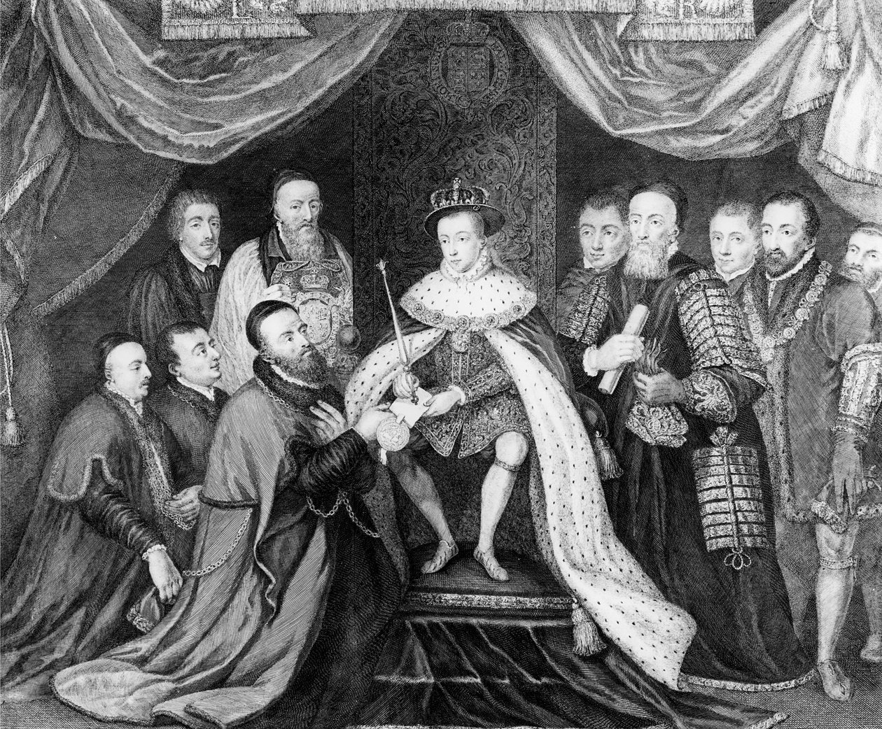 Edward VI beviljade Charter for Bridewell Hospital till Sir George Barnes 1553, publicerad 1750 av George Vertue