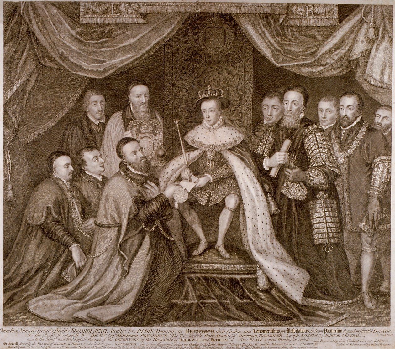 Edward VI undertecknar en stadga som ger Bridewell till City of London för ett arbetshus, 1552 1750 av George Vertue