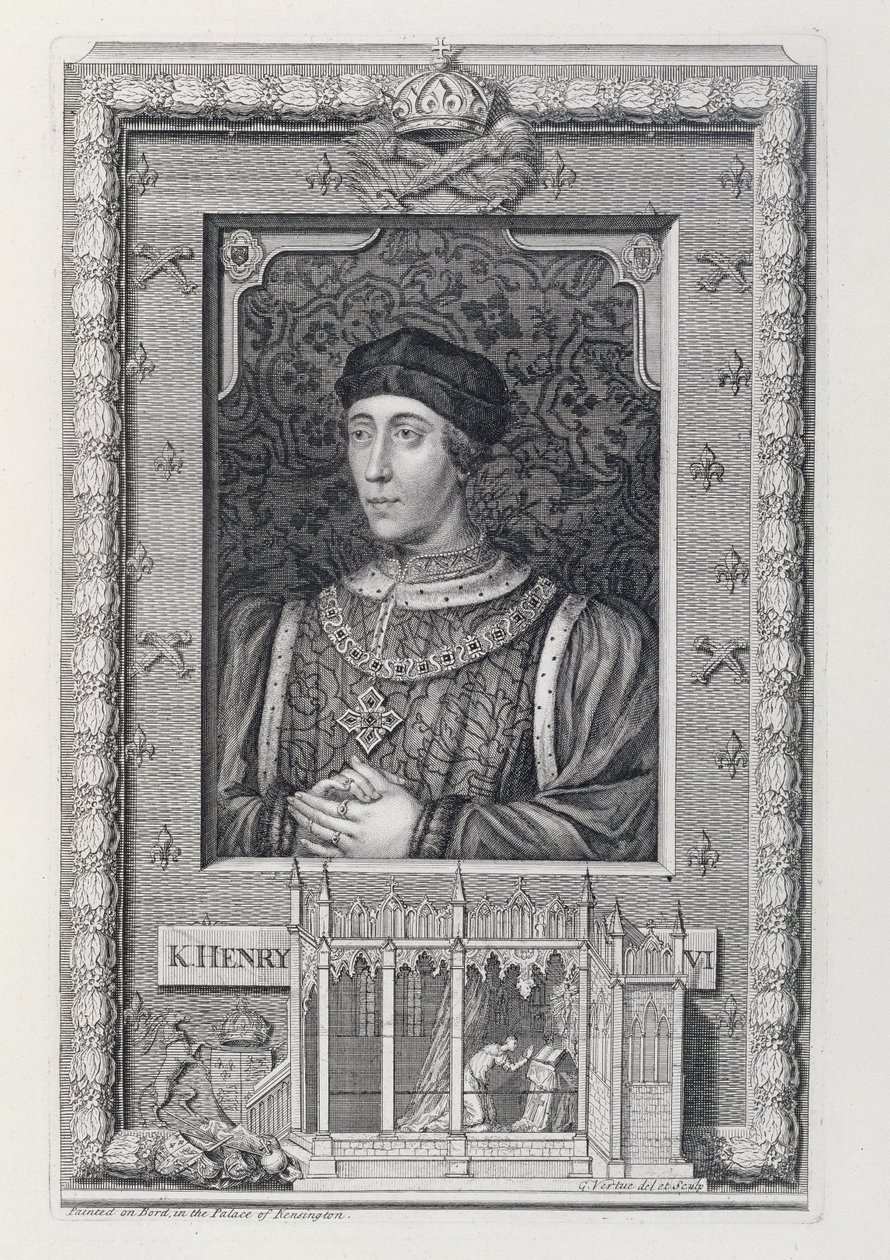 Henrik VI (1421-71) kung av England 1421-66 och 1470-71, efter ett porträtt i Kensington Palace, graverat av konstnären av George Vertue