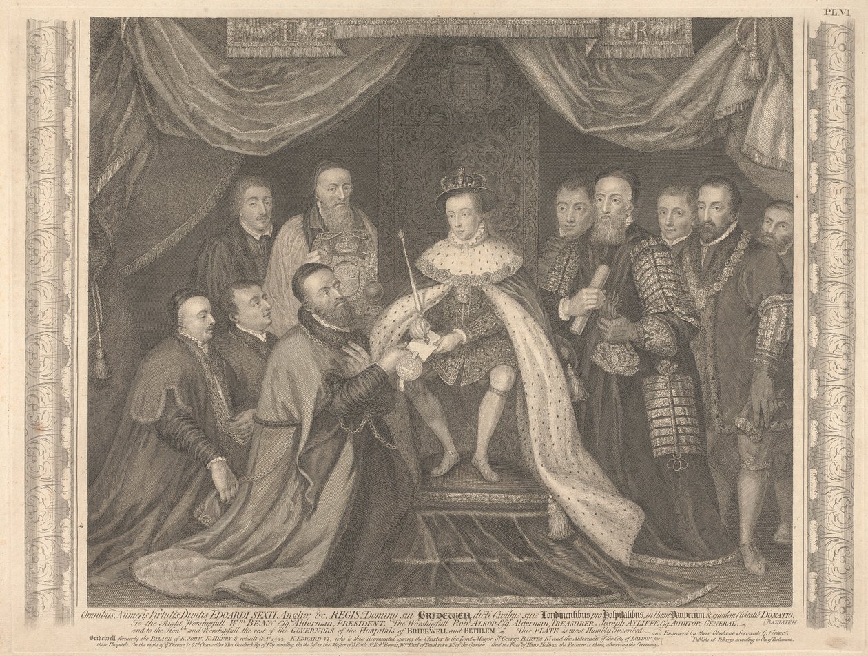 Kung Edward VI presenterar Charter for Bridewell till Sir George Barnes av George Vertue