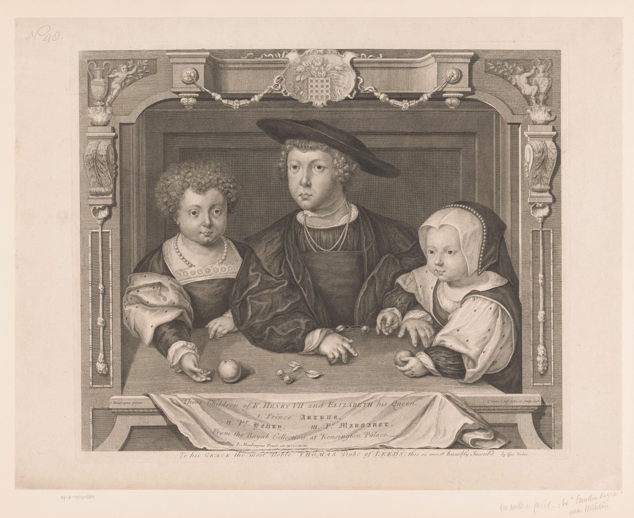 Portret van Dorothea, Johan och Christina van Denemarken Tre barn till K. Henry VII och Elizabeth hans drottning. I. Prins Arthur, II. Pr. Henrik, III. Ps. Margaret (titel på objekt) Portretten van de Tudors (serietitel) Historiska porträtt (serie av George Vertue