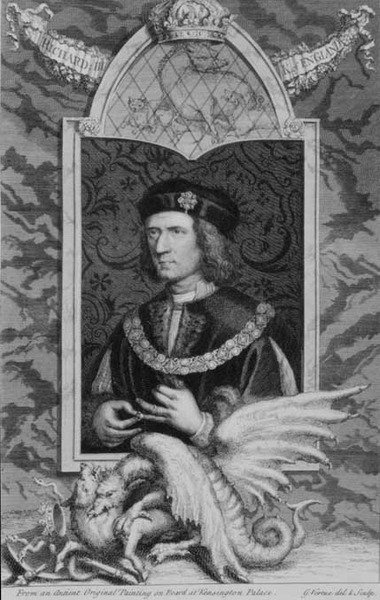 Richard III (1452-85) kung av England från 1483, efter ett porträtt i Kensington Palace, graverat av konstnären (gravyr) av George Vertue