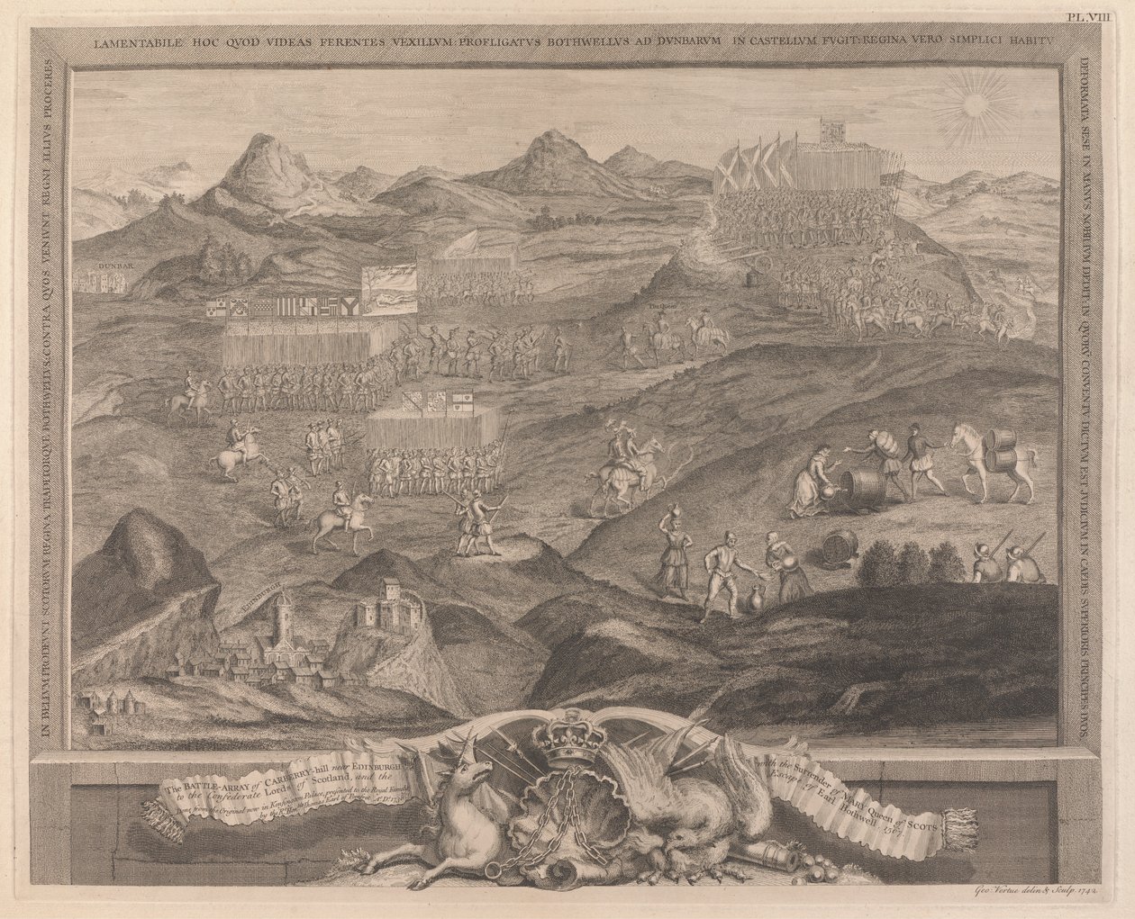 Battle-Array of Carberry-hill nära Edinburgh med överlämnandet av Mary Queen of Scots till de konfedererade Lords of Scotland, och flykten från Earl Bothwell, 1567 av George Vertue