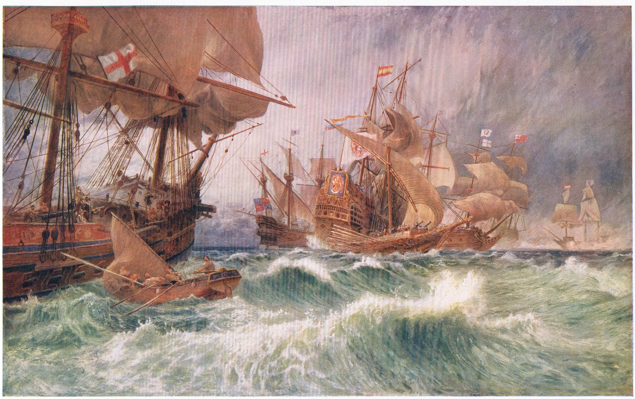 Uppmaningen till kapitulation: en incident i attacken av den stora Armada 1588, från Cassells History of the British People publicerad av Waverley Book Company, ca 1950-talet av George Vicat Cole