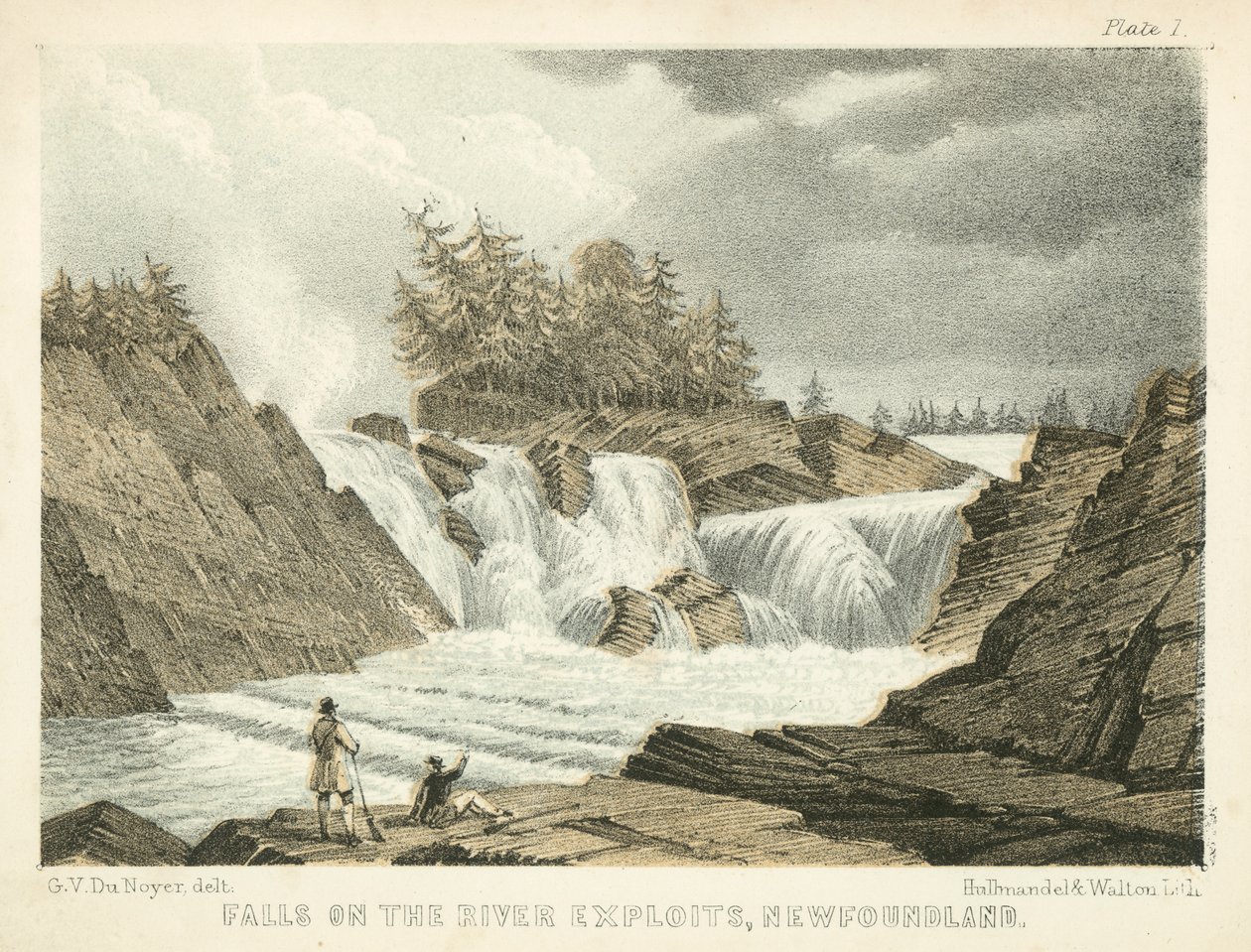 Vattenfall vid floden Exploits, Newfoundland (gravyr i färg) av George Victor Du Noyer