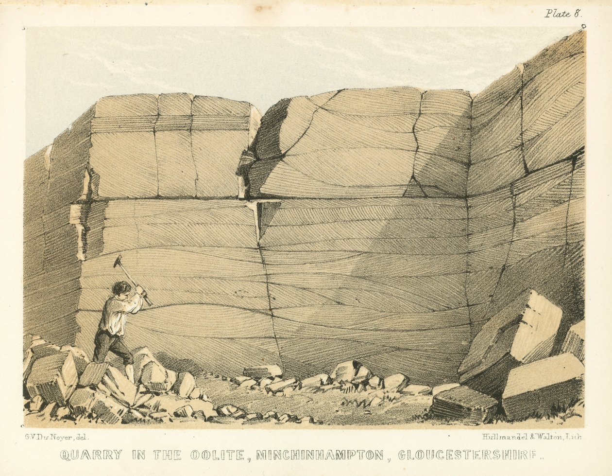Stenbrott i Oolite, Minchinhampton, Gloucestershire (kolorerad gravyr) av George Victor Du Noyer