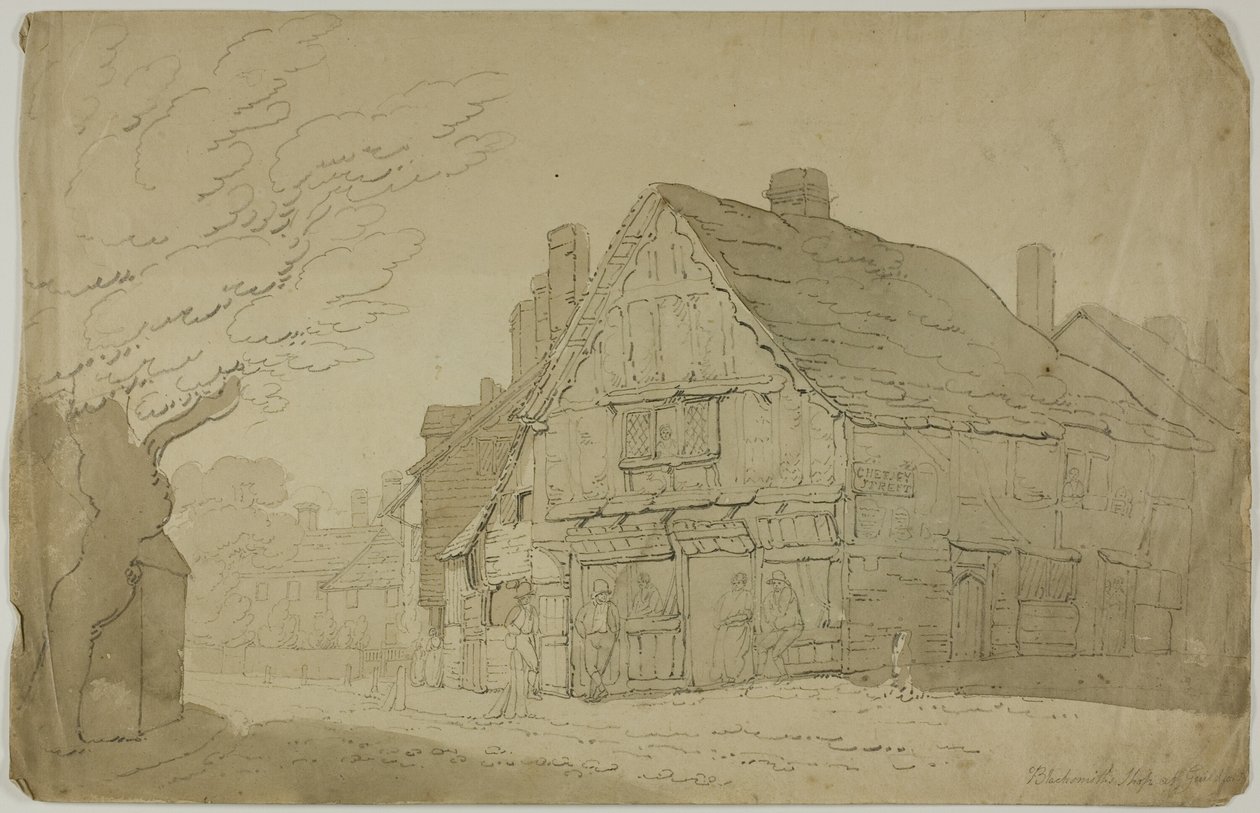 Smedsverkstad i Guildford (recto); Skiss av två trädstammar (verso) av George Wallwyn Shepheard