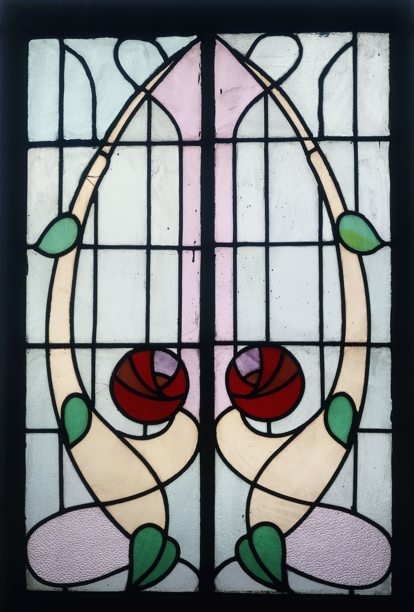 En målad glaspanel som visar stiliserade rosor (blyat glas, träram) av George Walton