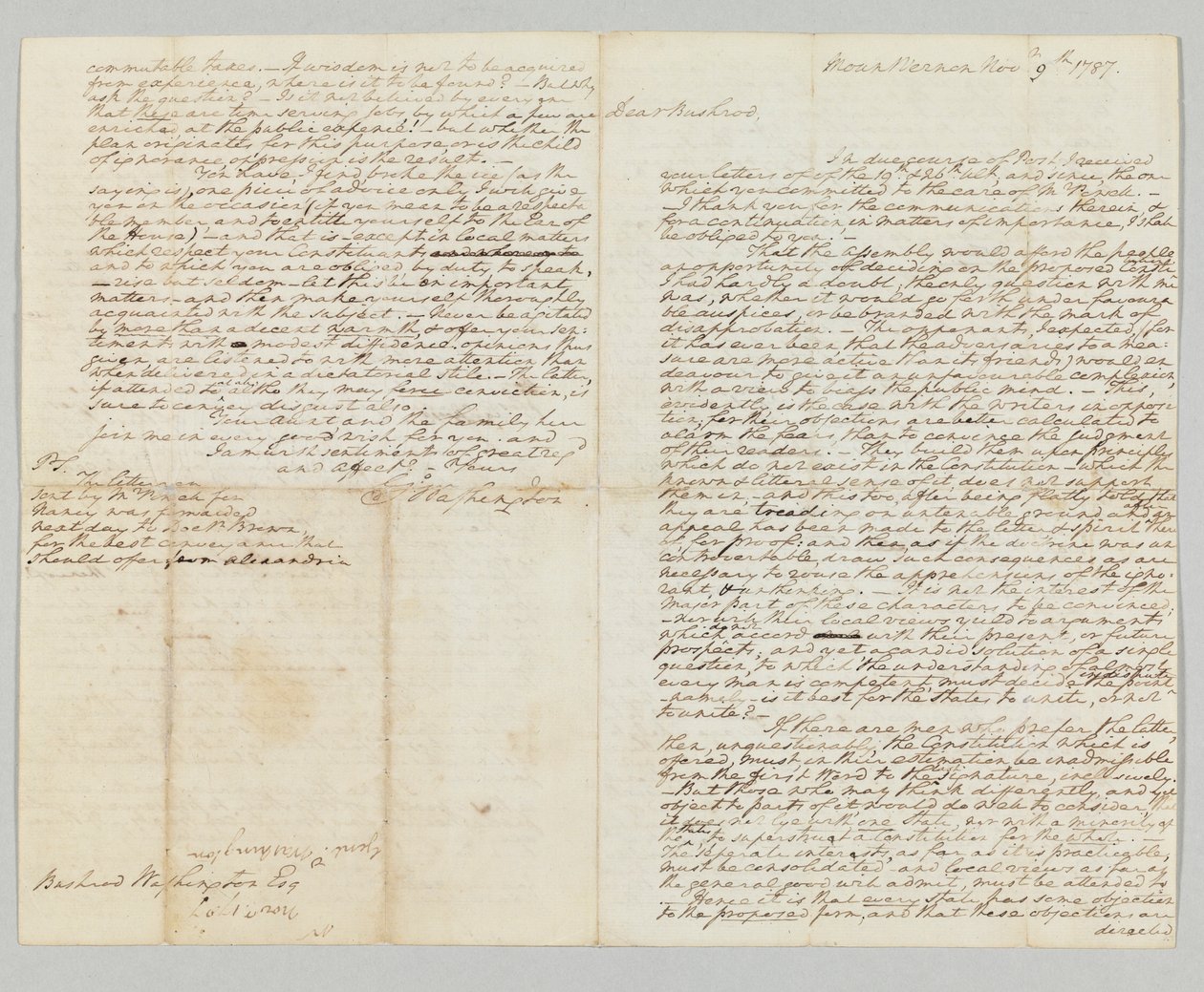 "Makten under konstitutionen kommer alltid att finnas hos folket", undertecknat autografbrev till Bushrod Washington, 9 november 1787 (penna och bläck på papper) (se även 490373) av George Washington