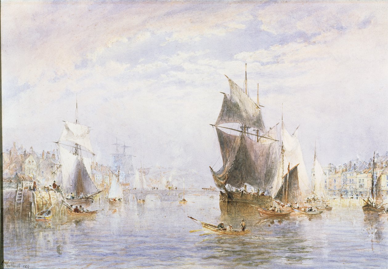 Litet hantverk på floden vid Whitby vid Whitby Bridge, 1877 (wc och utskrapa) av George Weatherill