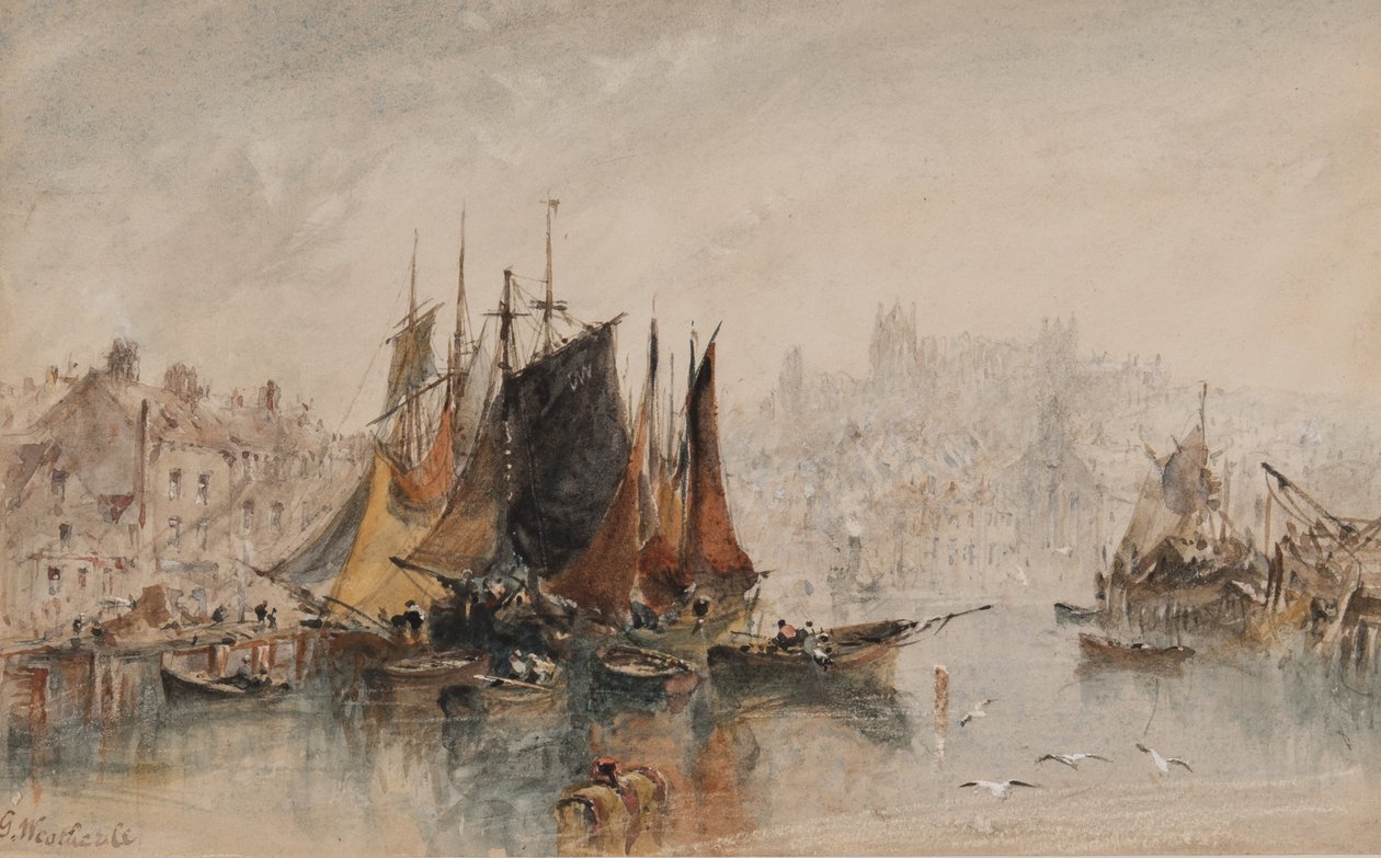 Whitby Harbour (bläck & wc på papper) av George Weatherill