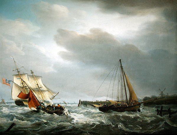 En brittisk krigsman som passerar mynningen av en mynning (olja på duk) av George Webster