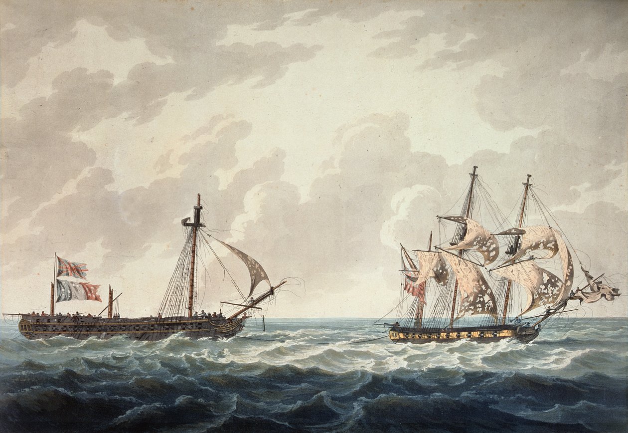 Hans Majestäts slup Bonne Citoyenne som tar den franska fregatten La Furieuse i släptåg efter aktionen den 6 juli 1809, graverad av R und D Havell, utgiven av Robert Cribb 1810. av George Webster