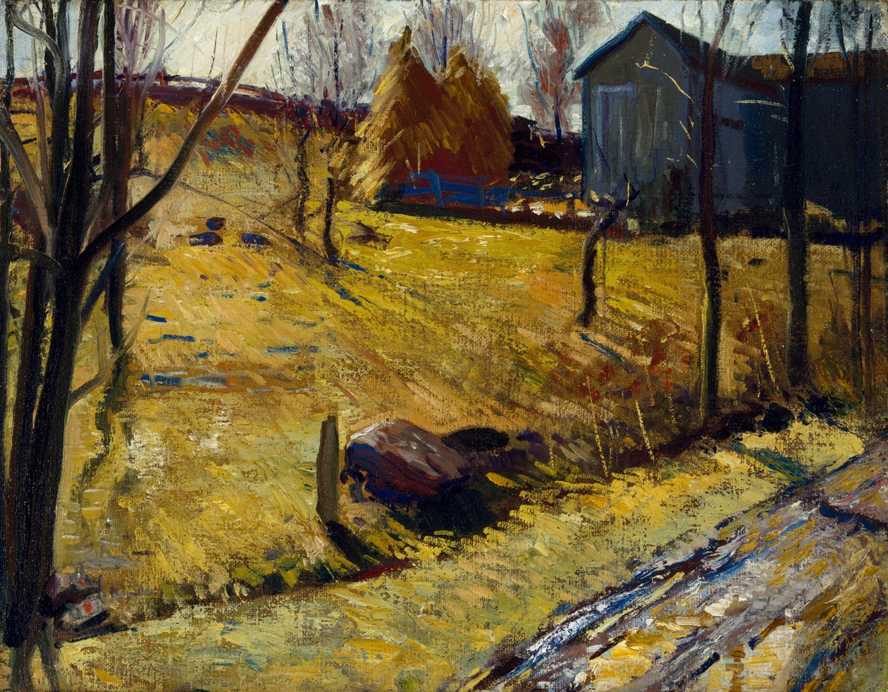 Höstackar och lada, 1909 av George Wesley Bellows