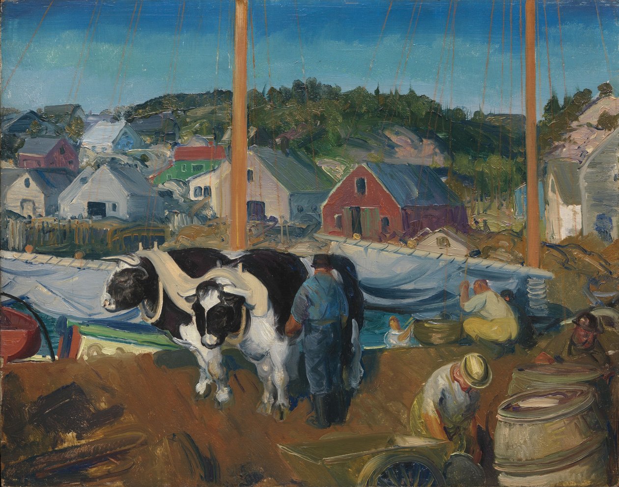Ox Team, Wharf at Matinicus, 1916 (olja på lumbercore panel) av George Wesley Bellows