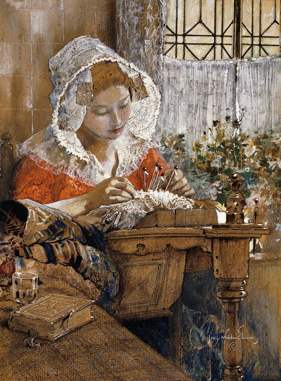 Den flamländska spetsmakaren, ca 1925 (gouache, pastell och penna på brunt papper) av George Wharton Edwards