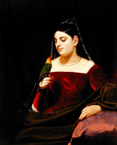 Lady och papegoja, ca 1835 (olja på duk) av George Whiting Flagg