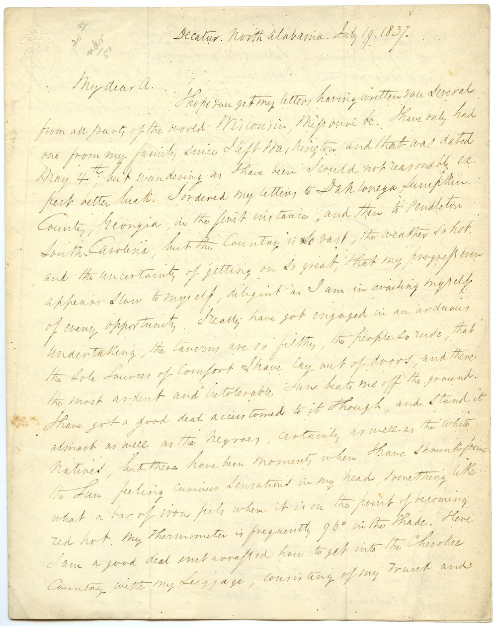 Ofullständigt brev [av G.W. Featherstonhaugh], Decatur, NC, till överste Abert [John James Abert], 19 juli 1837 av George William Featherstonhaugh