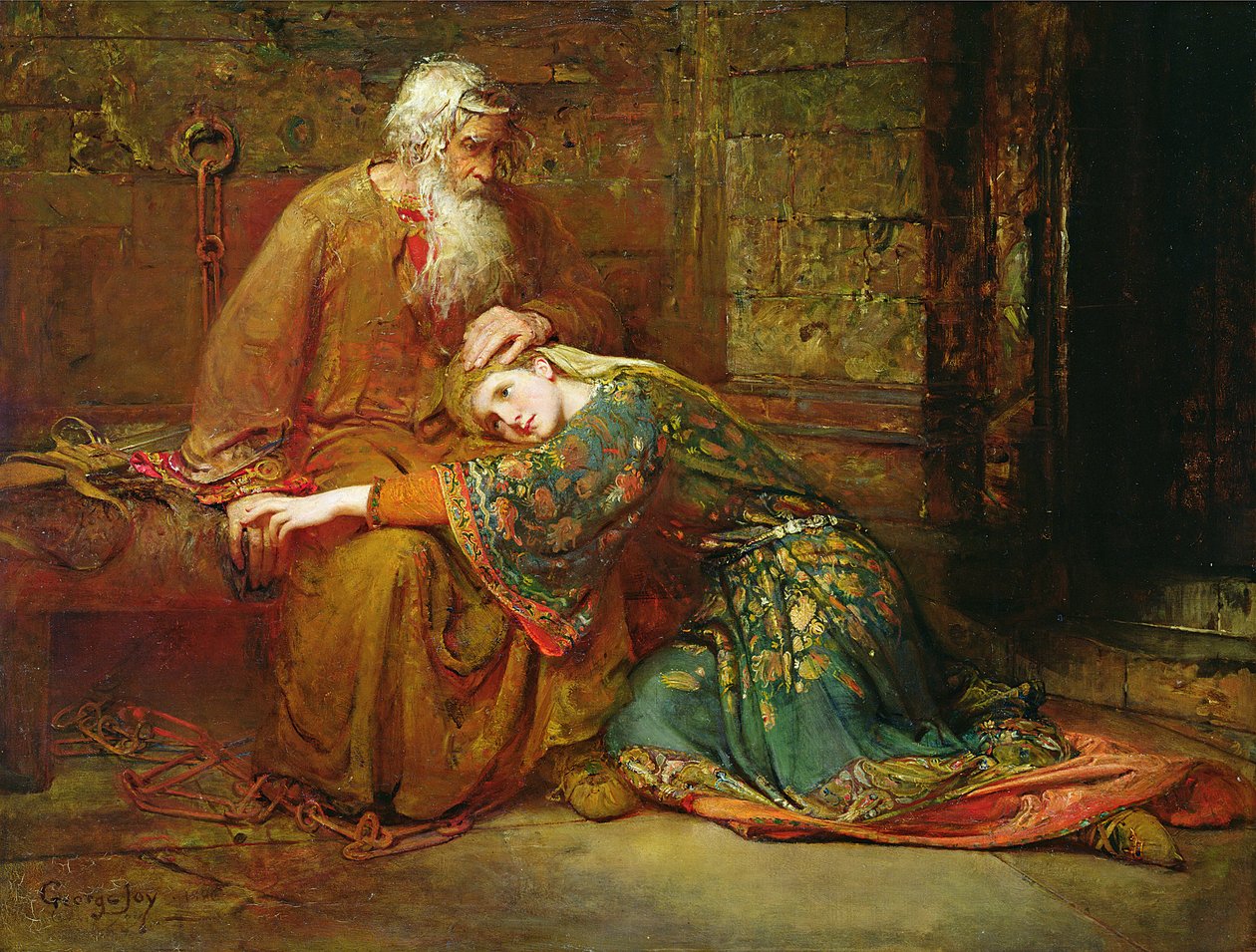 Cordelia tröstar sin far, kung Lear, i fängelset av George William Joy