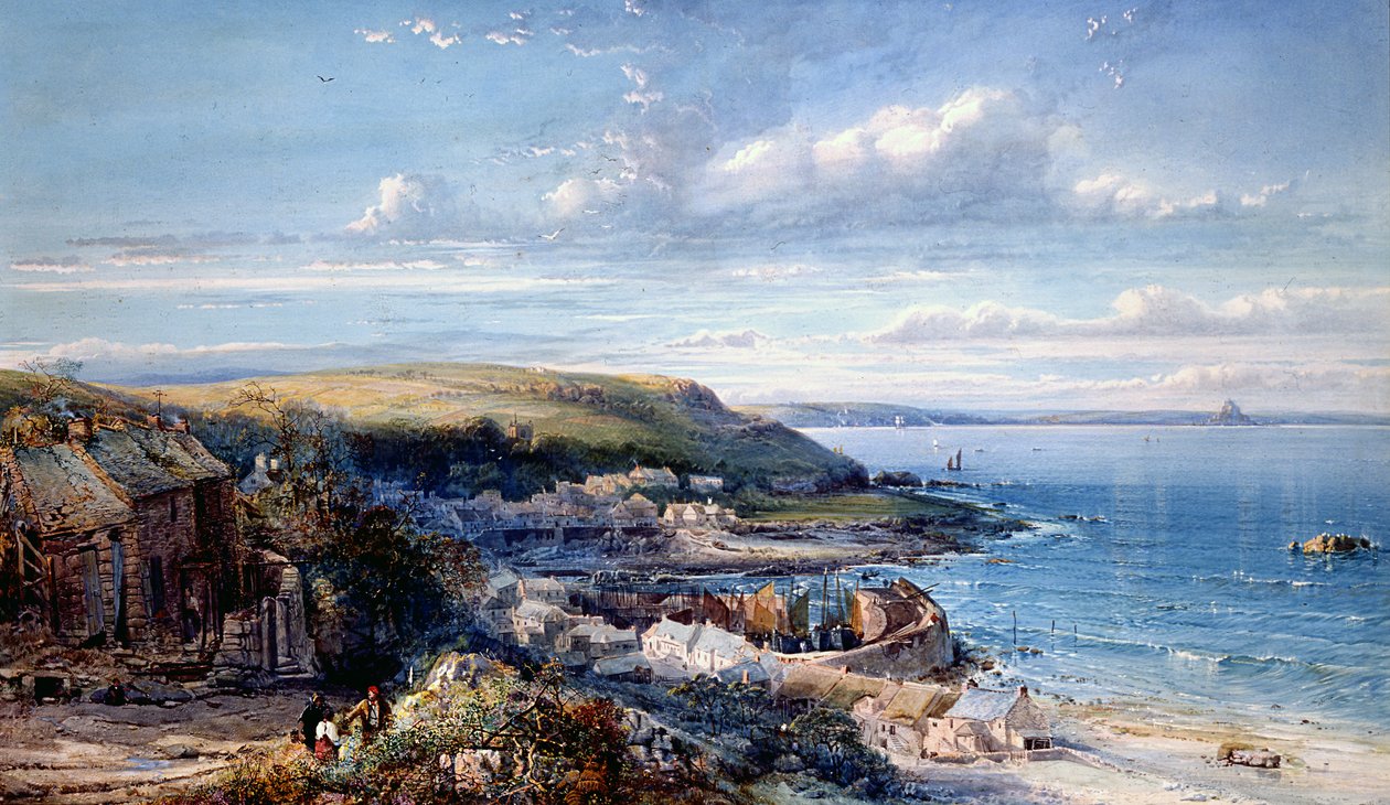 A Mounts Bay Fishing Village (mushål) 1860 (wc & kroppsfärg på papper) av George Wolfe