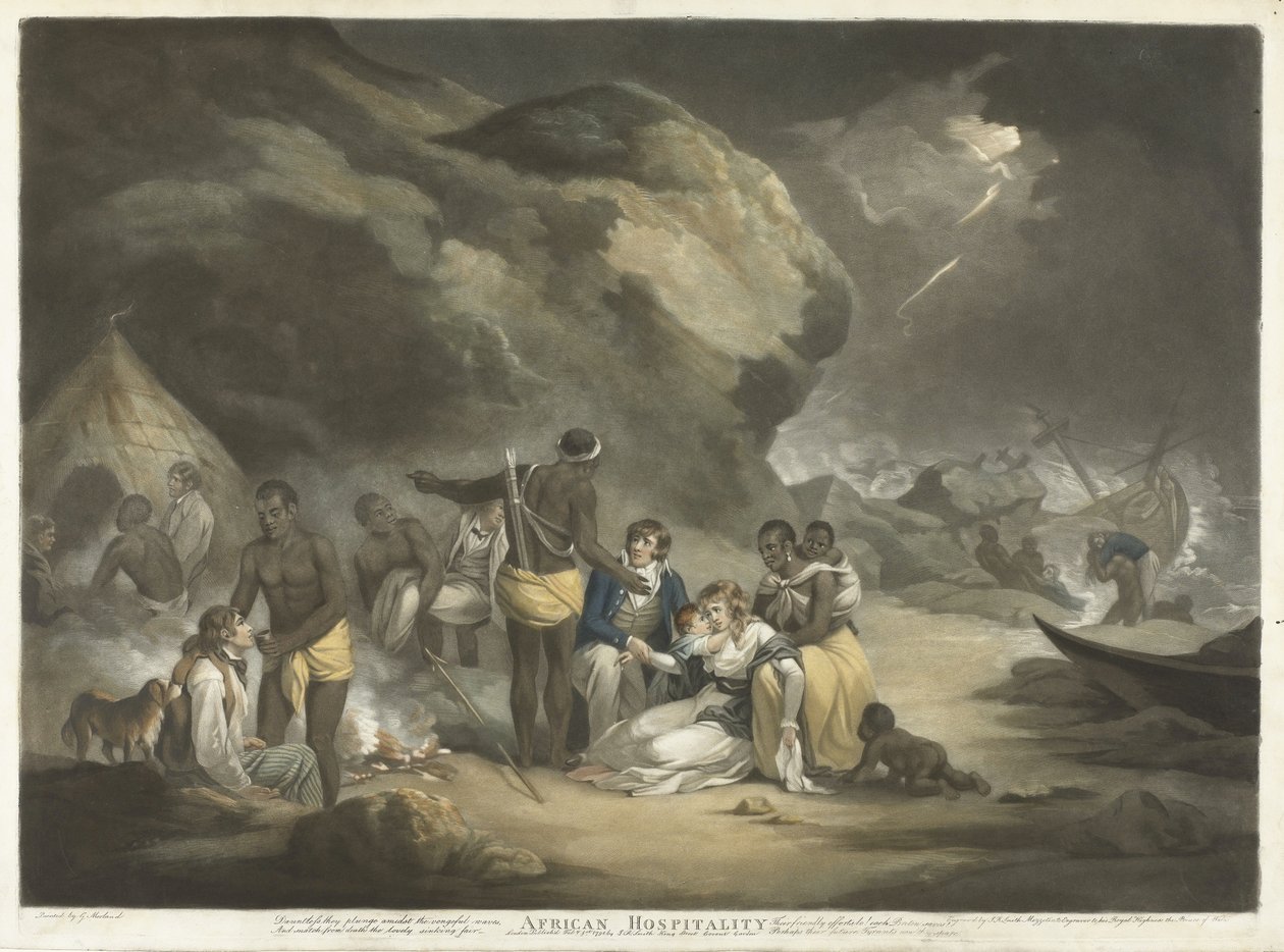 African Hospitality, pub.1791 (handfärgad gravyr) av George after Morland