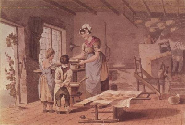 Att göra havrekakor, graverade av Havell Brothers, pub. 1813 av Robinson och Son (se även 56302) av George after Walker