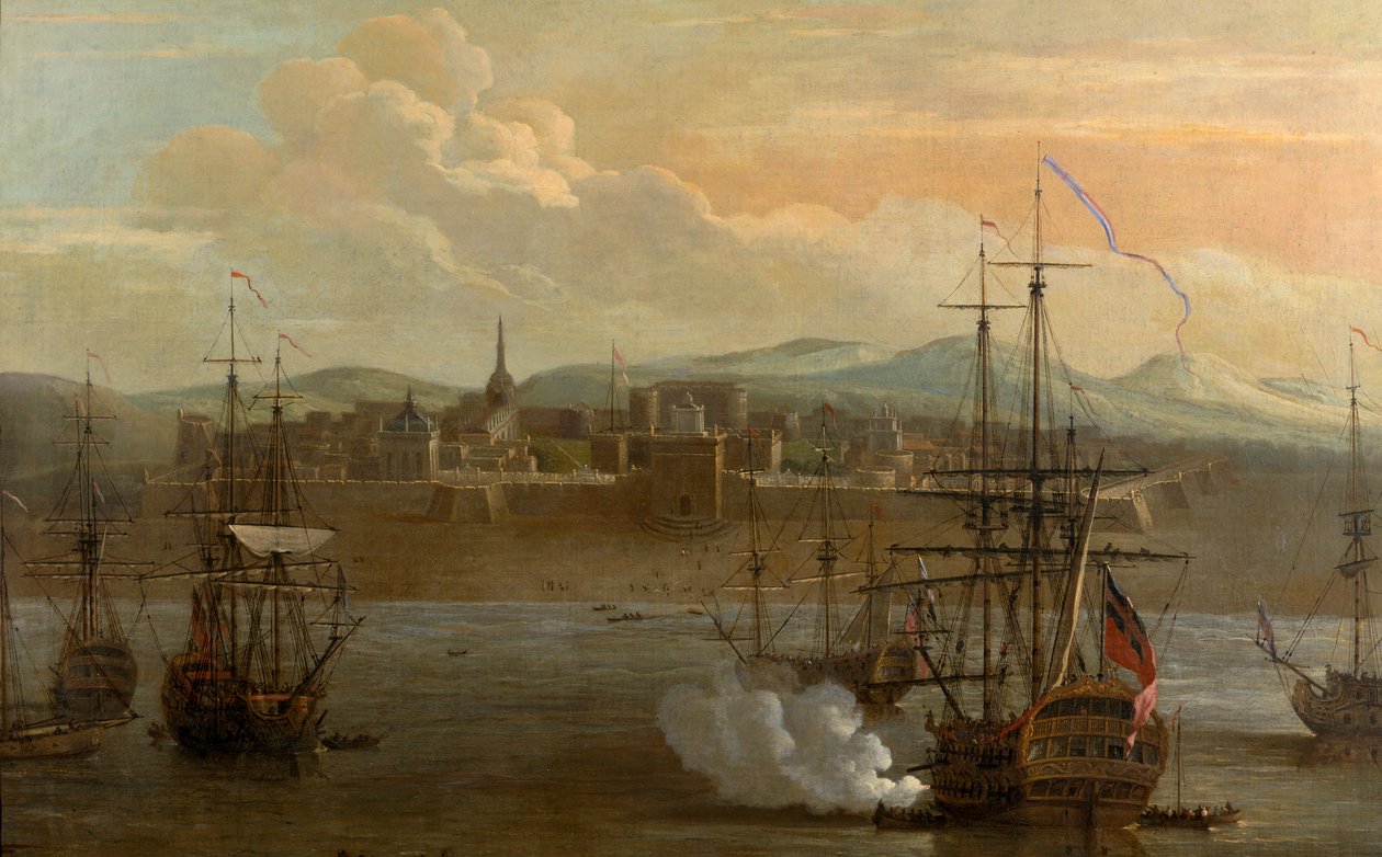 En målning av Fort St George i Madras, Indien. År 1731. Militärfort, och hamn med skepp. Fartygskanonen avfyras. Rök. Slåss. av George and Scott Samuel (1710 72) Lambert