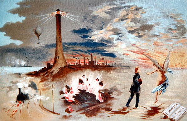 Framsteg genom nya uppfinningar genom historien (color litho) av George de Mare