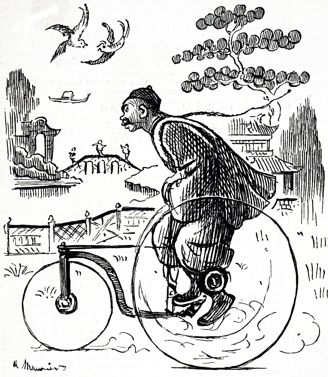 En tecknad serie som föreställer en kines som åker trehjuling genom en park i Kina. Illustrerad George du Maurier (1834-1896), en fransk-brittisk serietecknare och författare av George du Maurier