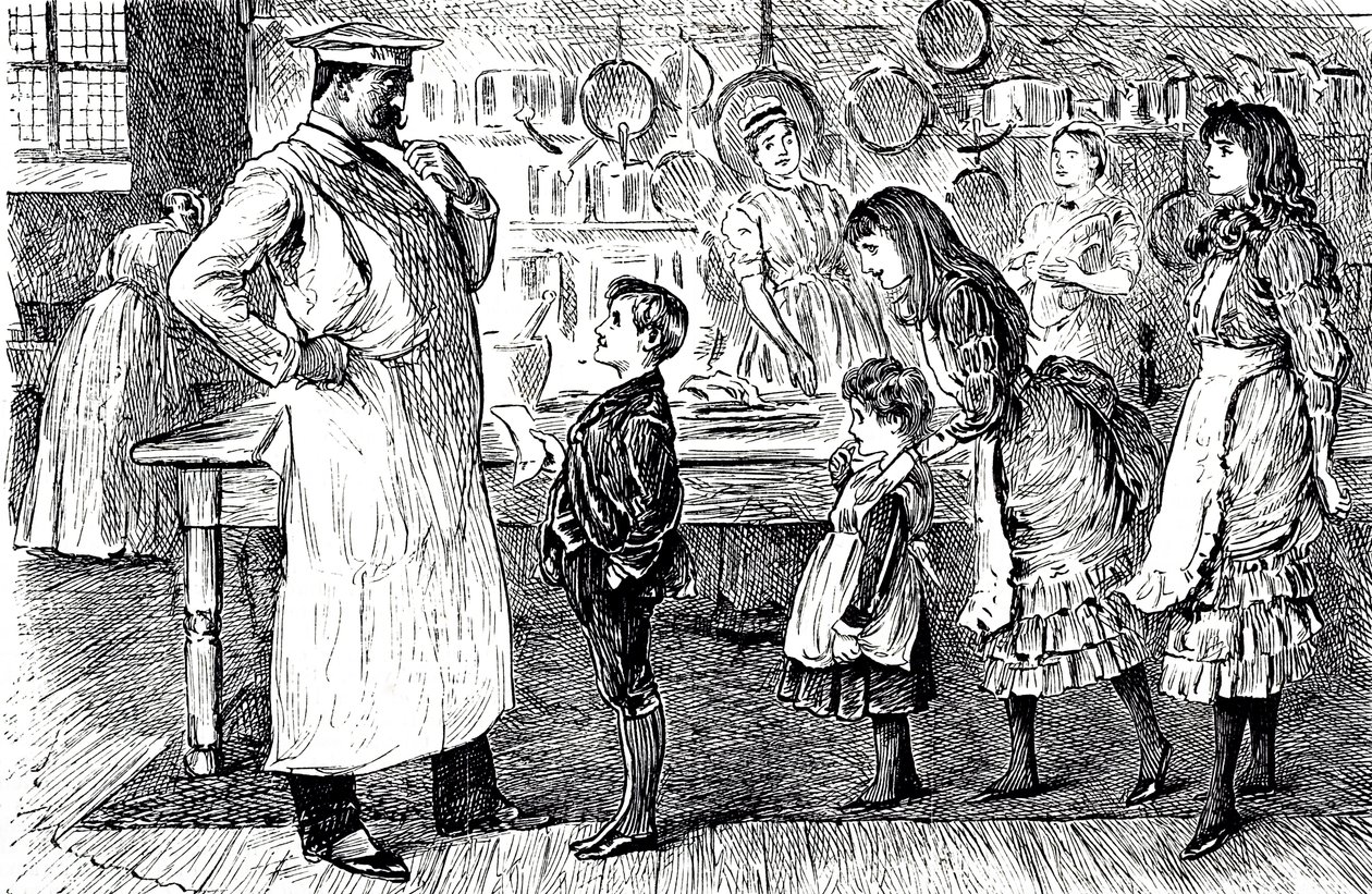 En tecknad serie som föreställer en kock som tar emot beställningar från husets barn. Illustrerad av George du Maurier (1834-1896), en fransk-brittisk serietecknare och författare av George du Maurier
