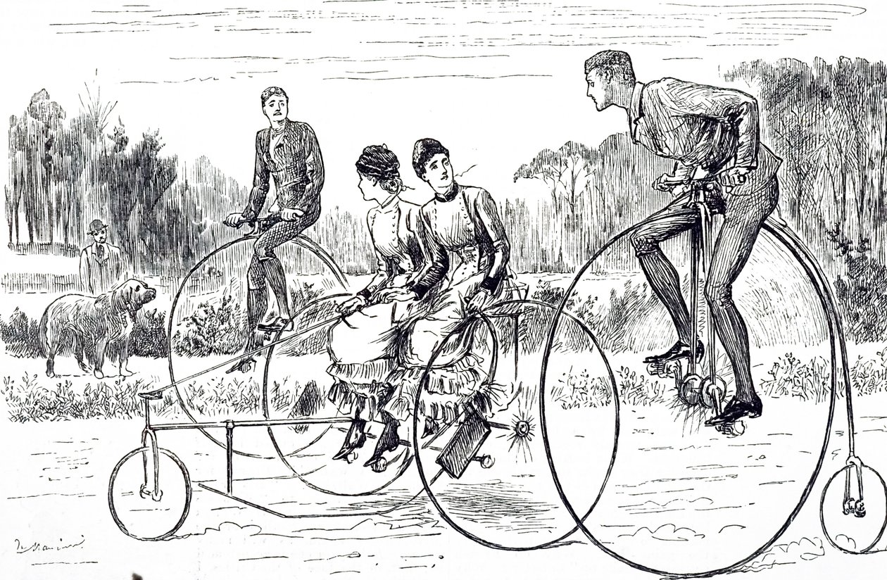 En tecknad serie som föreställer en grupp ungdomar som åker trehjuling. Illustrerad George du Maurier (1834-1896), en fransk-brittisk serietecknare och författare av George du Maurier
