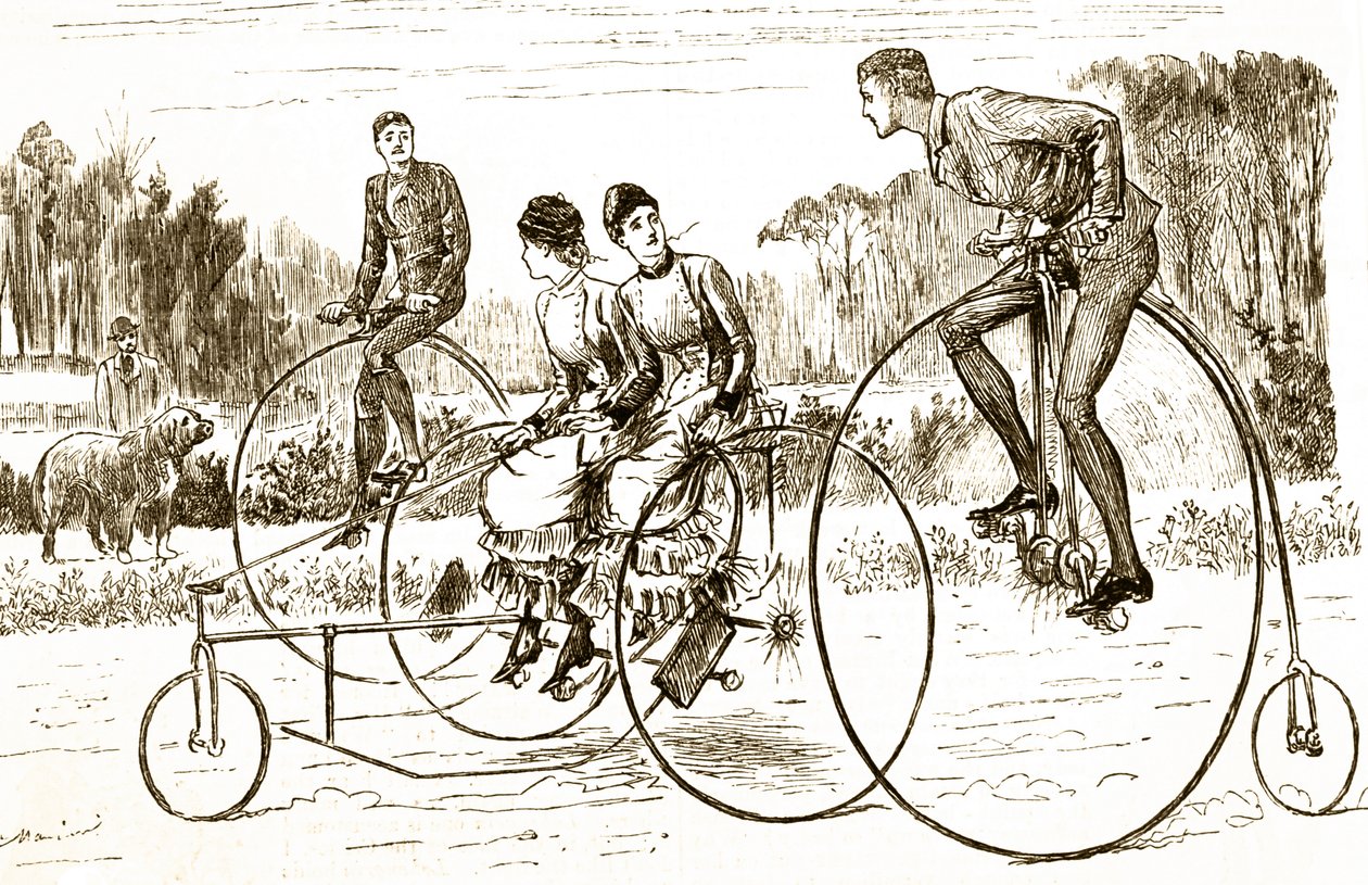 En tecknad serie som föreställer en grupp ungdomar som åker trehjuling. Illustrerad George du Maurier (1834-1896), en fransk-brittisk serietecknare och författare av George du Maurier