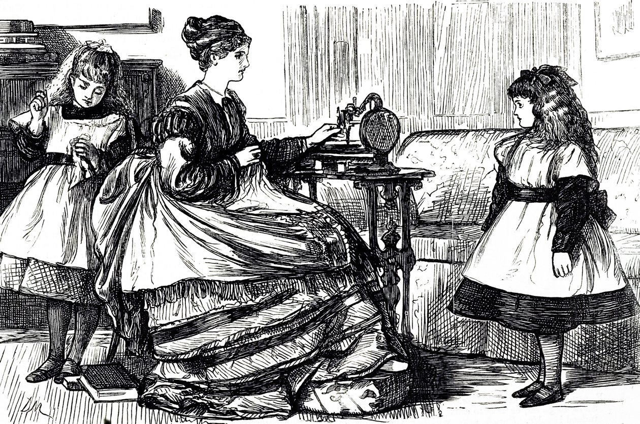 En tecknad film som föreställer en ung mamma som använder en symaskin. Illustrerad av George du Maurier (1834-1896), en fransk-brittisk serietecknare och författare av George du Maurier