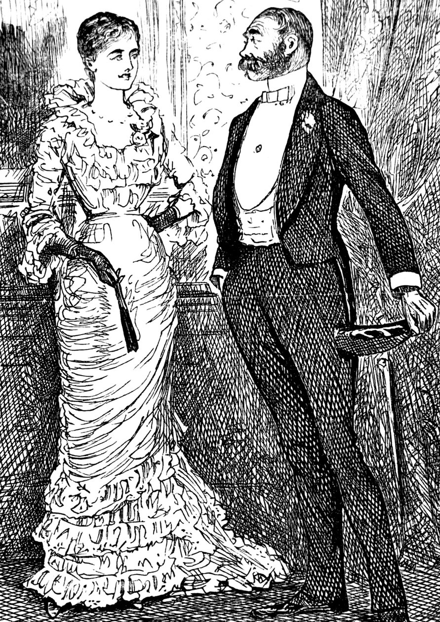En kvinna och gentleman i högtidskläder av George du Maurier