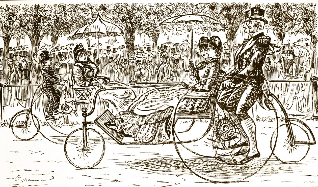 En gravyr som föreställer passagerare som åker i cykelvagnar. Illustrerad av George du Maurier (1834-1896), en fransk-brittisk serietecknare och författare av George du Maurier