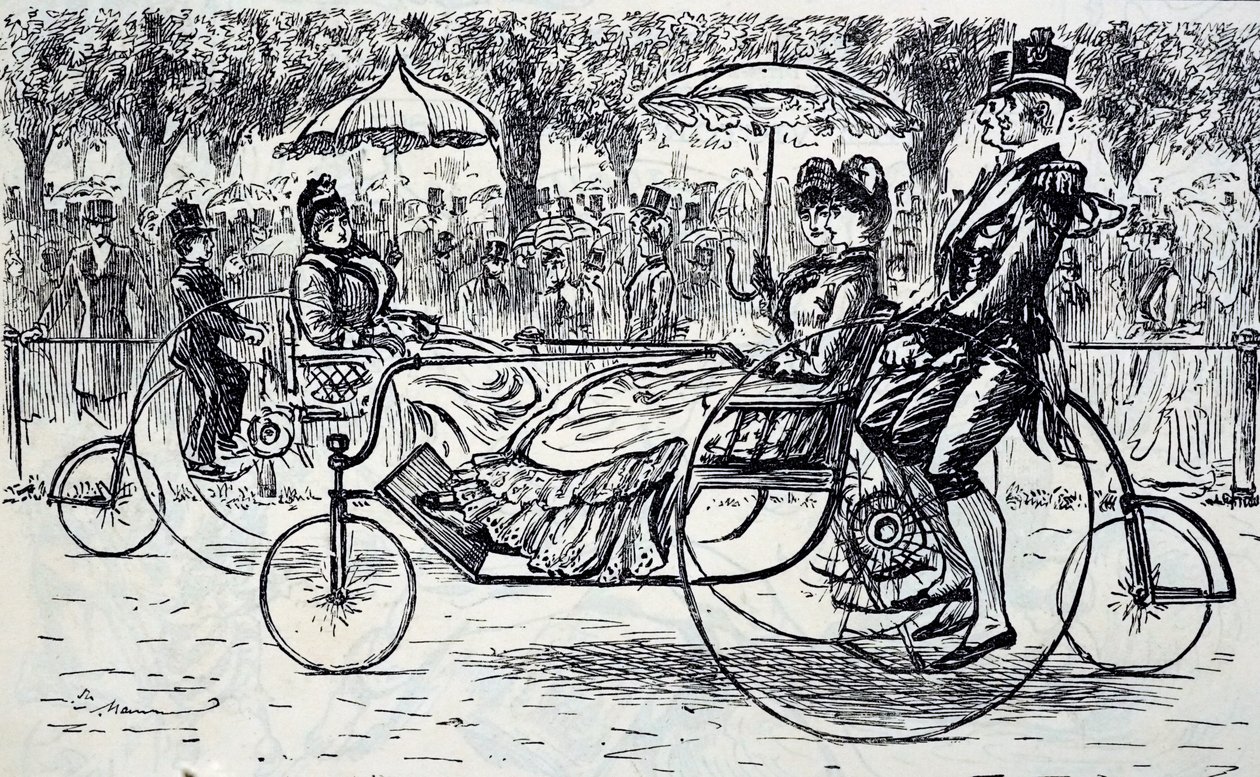 En gravyr som föreställer passagerare som åker i cykelvagnar. Illustrerad av George du Maurier (1834-1896), en fransk-brittisk serietecknare och författare av George du Maurier
