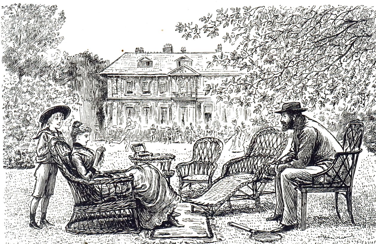 En gravyr som föreställer typiska rottingmöbler. Illustrerad av George du Maurier (1834-1896), en fransk-brittisk serietecknare och författare av George du Maurier