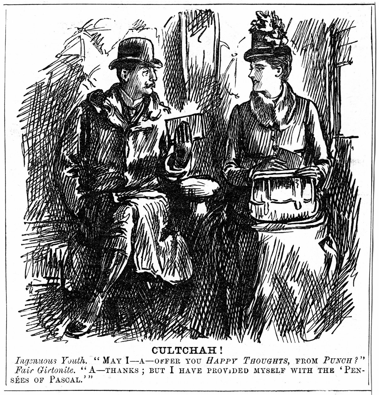 Fördelar med universitetsutbildning för kvinnor. George du Maurier tecknad från Punch London 8 december 1887. Ung man i järnvägsvagn erbjuder examen från Girton, Cambridge, lite lätt läsning för resan. Hon tackar graciöst nej när hon har utrustat henne av George du Maurier
