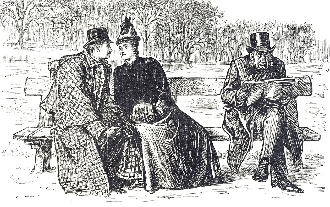 Tecknad serie som visar ett par som byter älsklingar på parkbänken, medan mannen bredvid dem tittar på med ogillande av George du Maurier