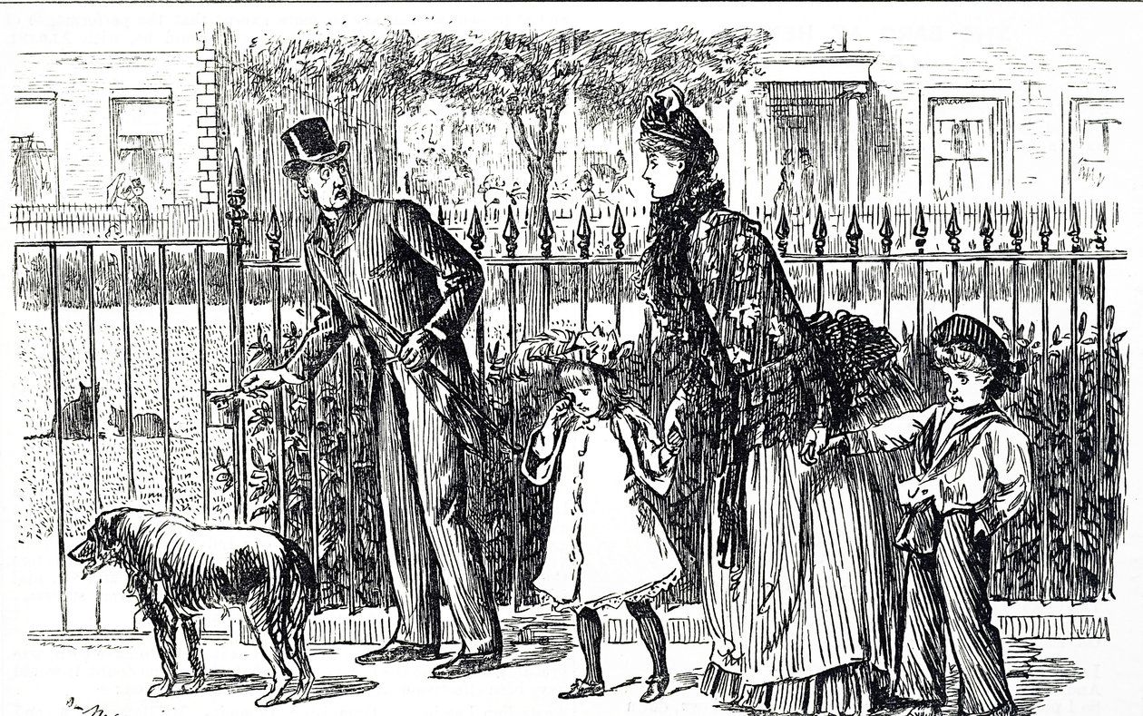 Tecknad film föreställande en familj som går på gatorna i det viktorianska London av George du Maurier