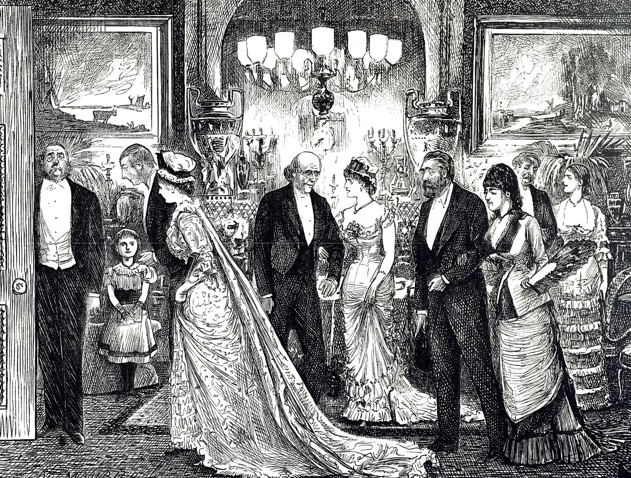 Tecknad film föreställande en elegant soirée i ett viktorianskt hem av George du Maurier