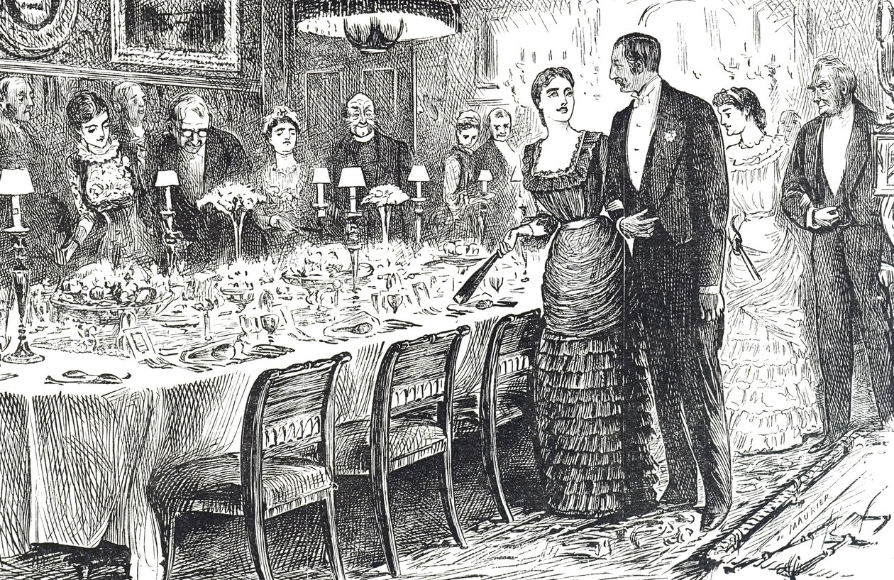 Tecknad film med titeln "Going into Dinner" föreställande ett ungt par som går in i en matsal av George du Maurier