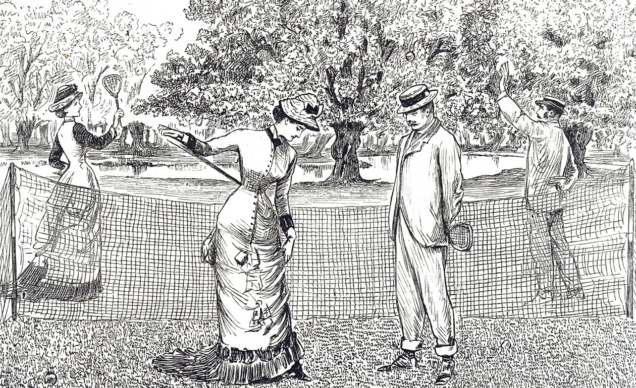 Gravyr som föreställer en kvinnlig tennisspelare i obehag på grund av hennes nya gummiskor av George du Maurier