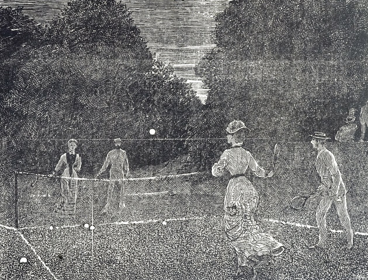 Gravyr som visar användningen av vit fosforfärg som rekommenderas för tennisspelare av George du Maurier