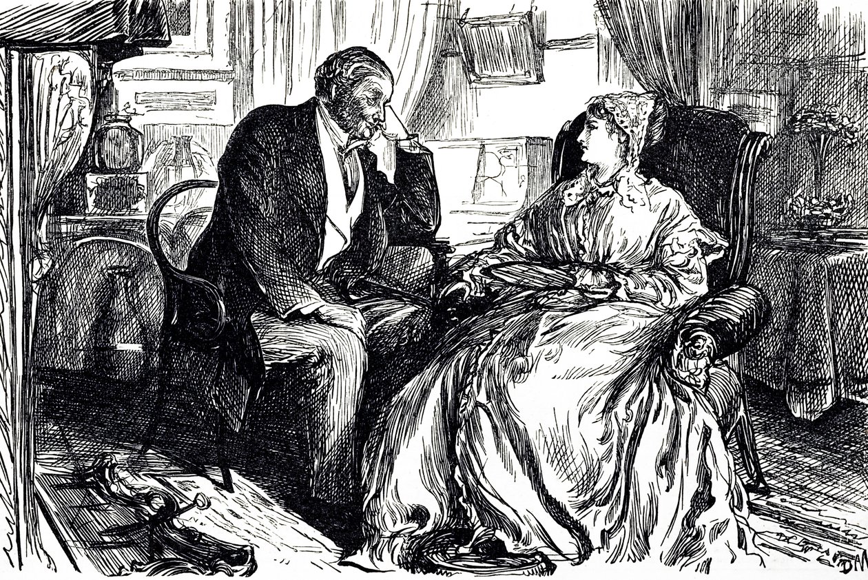 Georges du Maurier tecknad film som illustrerar en man och kvinna i samtal om de lugnande fördelarna med torskleverolja. England 1869 av George du Maurier