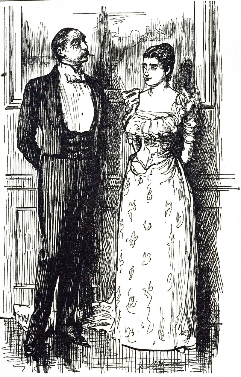 Georges du Maurier tecknad film som illustrerar en man och kvinna i samtal vid ett societetevent, England 1891 av George du Maurier