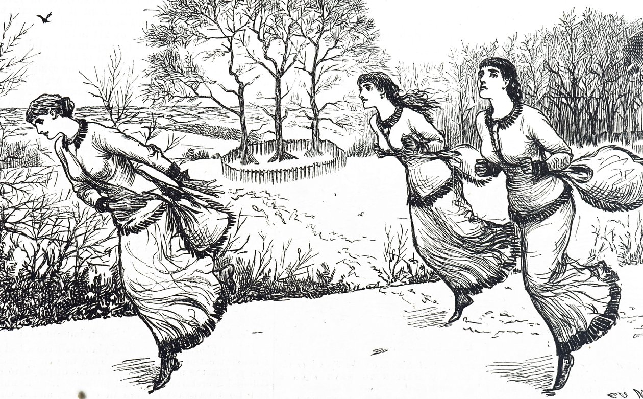 Illustration som visar flickor som sätter spåren för haren och hundarna av George du Maurier